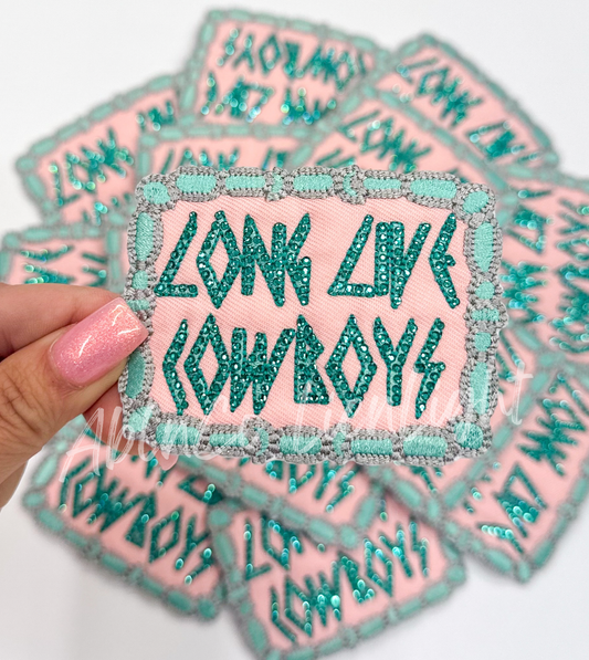 Rhinestone long live cowboys turquoise patch iron on