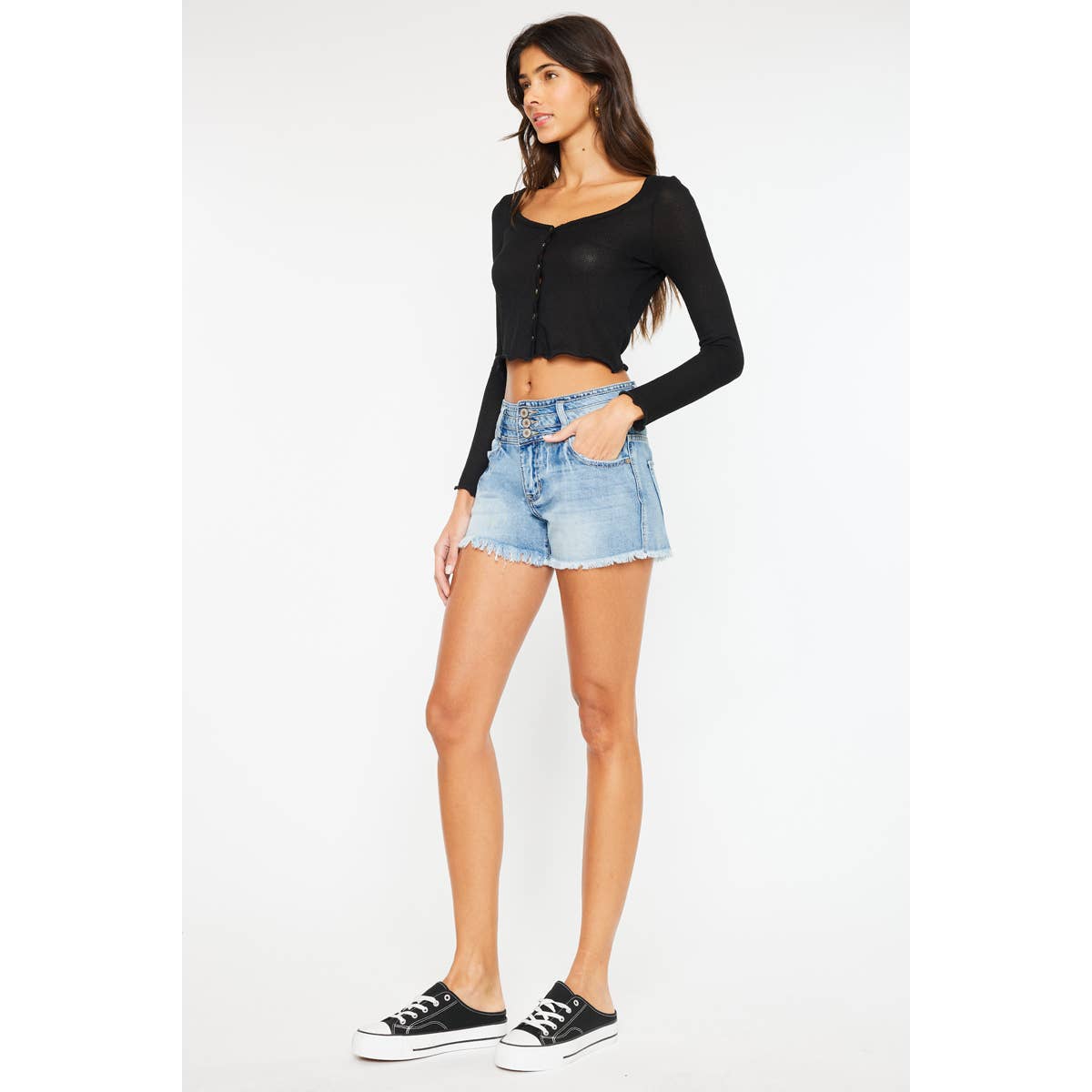 Triple waistband denim shorts