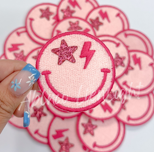 Pink glitter star bolt smiley face patch iron on