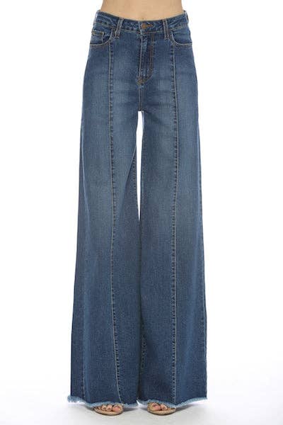 PW505 Front Seam Wide Leg Denim Jeans in Med Wash