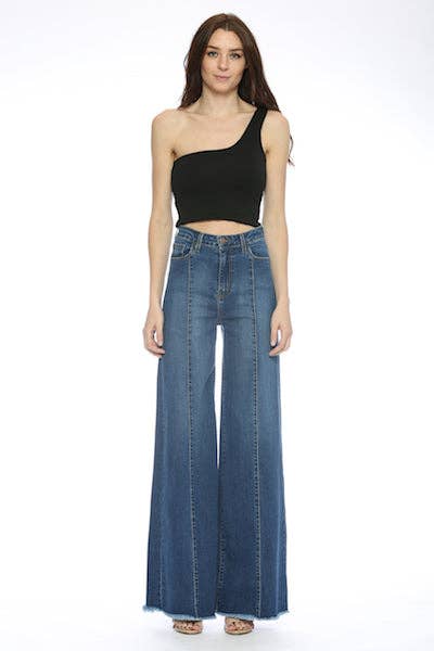 PW505 Front Seam Wide Leg Denim Jeans in Med Wash