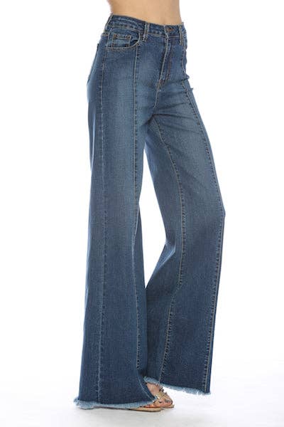 PW505 Front Seam Wide Leg Denim Jeans in Med Wash